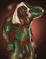 armpit_hair balls bara beard big_penis chest_hair closed_eyes facial_hair flaccid ganondorf gerudo green_skin hairy male male_only muscles muscular musk nintendo nipple_piercing nude penis red_hair severeni solo solo_male the_legend_of_zelda towel wet