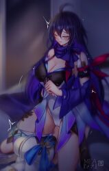 2girls absurdres ahoge bare_shoulders black_hair blue_scarf breasts bronya_rand cleavage closed_eyes cunnilingus cunnilingus_through_clothes female female_only highres honkai:_star_rail honkai_(series) large_breasts long_hair manami030 mea_(artist) mea_メア multiple_girls oral pixiv_logo pixiv_username scarf seele_(honkai:_star_rail) sitting_on_face yuri