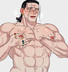 abs amputee bara big_pecs black_hair blush breath facial_scar hair_slicked_back lactation light-skinned_male light_skin male male_lactation male_only messy_hair mg_cls muscular muscular_male nipple_pinch one_piece pecs sir_crocodile solo sweat