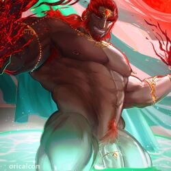 1boy balls bara beard dark-skinned_male dark_skin facial_hair flaccid ganondorf gerudo gold_jewelry green_skin male male_only muscles muscular muscular_male nintendo nude oricalcon partially_submerged penis pubic_hair red_hair red_hair_male rehydrated_ganondorf solo solo_male tears_of_the_kingdom the_legend_of_zelda water