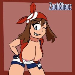 bandana big_breasts bike_shorts blue_eyes brown_hair gloves hand_on_hip hand_on_leg hanging_breasts looking_at_viewer may_(pokemon) open_shirt pokemon pokemon_rse red_bandana red_shirt shorts skirt smile smiling smirk wink zachshacz