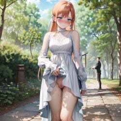 1girls ai_generated ali_sdai blue_eyes blush brown_hair cum exhibitionism exhibitionist final_fantasy final_fantasy_xiv leaking leaking_pussy pale-skinned_female pale_skin petite petite_female pussy revealing_pussy ribbon ryne_waters square_enix white_dress white_ribbon