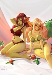 2girls absurd_res big_ears earrings farah_(maewix1) female female_only goblin goblin_female green_eyes green_skin lingerie long_hair looking_at_viewer maewix1 nana_(maewix1) pink_hair pointy_ears red_eyes red_hair smiling smiling_at_viewer twintails