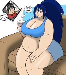 big_belly big_breasts blue_hair huge_thighs igphhangout mizu_(igphhangout) obese_female shorts