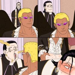 2boys 4koma akuma_no_mi anal anal_sex bent_over black_hair black_hair_bottom blonde_hair blonde_hair_on_black_hair blonde_hair_top blush devil_fruit doggy_style domination donquixote_doflamingo from_behind funny gay hair_slicked_back heart-shaped_pupils humor light_hair_on_dark_hair male male_only meme mg_cls one_piece pale-skinned_male pale_skin priest redraw sir_crocodile smile suna_suna_no_mi sunglasses tan_skin what wings yaoi