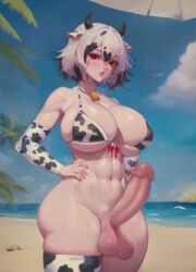 ai_generated beach big_breasts big_penis black_hair breasts cow_print cow_print_bikini erect_penis erection futa_only futanari huge_breasts lora_karanier_oc_(character) nude red_eyes short_hair stable_diffusion stalkek white_hair