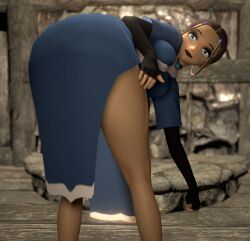 1girls ass_focus avatar_the_last_airbender bending_over chromatic_aberration covered_ass depth_of_field female female_only fingerless_gloves human katara makeup smiling solo thick_ass thick_thighs virt-a-mate virtamate xaja