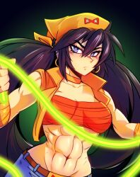 1girls abs android_22 artist_name athletic_female belly_button big_breasts black_hair blue_eyes dragon_ball dragon_ball_z energy fit_female jeans jewelry looking_at_viewer muscular_arms muscular_female navel oc original_character rope six_pack solo solo_female twintails