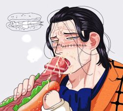 2boys amputee bar_censor big_penis black_hair blush breath cum cum_on_face donquixote_doflamingo erection facial_scar fellatio food food_on_body food_play gay hair_slicked_back holding_penis licking_lips male male_only messy_hair mg_cls one_piece oral penis retracted_foreskin sandwiched sir_crocodile solo_focus uncut yaoi