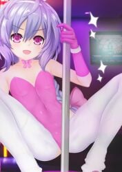 1girls braid breasts female female_only heels legs leotard long_hair looking_at_viewer neptunia_(series) plutia pole pole_dancing purple_hair red_eyes small_breasts smile solo squatting thighs