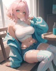 1girls 2023 ai_generated ai_hands anime_nose blue_eyes cafe clothed_female denim_shorts jacket_off_shoulders jean_shorts original_character pink_hair short_shorts shorts shortstack sitting sleeveless_sweater sleeveless_turtleneck stable_diffusion thighhighs undercolor_(hair)