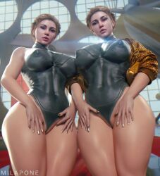 2girls 3d atomic_heart big_breasts blonde_hair ekaterina_nechayeva gold_nail_polish left_(atomic_heart) light-skinned_female long_fingernails looking_at_viewer metallic_nail_polish milapone mundfish right_(atomic_heart) silver_nail_polish the_twins_(atomic_heart) thick_thighs