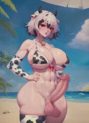 ai_generated beach big_breasts big_penis black_hair breasts cow_print cow_print_bikini erect_penis erection futa_only futanari high_resolution huge_breasts lora_karanier_oc_(character) nude red_eyes short_hair stable_diffusion stalkek white_hair