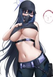 1girls absurd_res artist_request belly belly_button big_breasts blue_archive blue_eyes blue_hair blush breasts clothed clothing female female_only halo hat innie_belly_button innie_navel looking_at_viewer mask masked masked_female midriff navel saori_(blue_archive) underboob