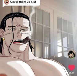 big_pecs black_hair cigar cover_them_up_slut earrings facial_scar hair_slicked_back male male_only meme mg_cls one_piece pale-skinned_male pale_skin pecs sir_crocodile smoking solo topless topless_male