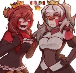 2girls bowsette_(cosplay) cosplay countryhumans countryhumans_girl crossover crossover_cosplay female female_only lomayaret_leon mario_(series) mexico_(countryhumans) multiple_girls new_super_mario_bros._u_deluxe nintendo peru_(countryhumans) safe simple_background super_crown white_background