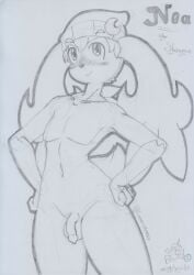 2023 anthro balls blush clothing confident flaccid floppy_ears foreskin generation_4_pokemon genitals girly graphite_(artwork) hands_on_hips headgear headgear_only headwear headwear_only legendary_pokemon looking_at_viewer lunaris_parukia male mostly_nude navel nintendo noa_(lunaris_parukia) nude penis pokemon pokemon_(species) pokemorph shaymin sky_forme_shaymin smile solo traditional_media_(artwork)