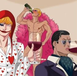 3boys alcohol blonde_hair blush convenient_censoring donquixote_doflamingo donquixote_rosinante drunk feather_coat funny humor looking_at_viewer male male_only meme mg_cls muscular muscular_male nude nude_male one_piece senor_pink sunglasses tan_skin wine wine_bottle wine_glass