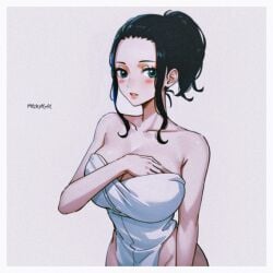 1girls ai_generated big_breasts black_hair blue_eyes blush female female_focus female_only hand_on_breast large_breasts light-skinned_female nico_robin one_piece post-timeskip prixmal tagme white_dress