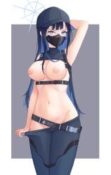 1girls abs absurd_res armpits artist_request belly belly_button big_breasts blue_archive blue_eyes blue_hair breasts clothed clothing female female_only half_naked halo hat innie_belly_button innie_navel looking_at_viewer mask masked masked_female midriff navel nipples saori_(blue_archive)