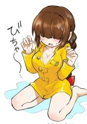 barefoot blush braided_ponytail breasts brown_hair cleavage clothing female hair_over_eyes human kneeling little_nightmares outerwear pale-skinned_female pale_skin pose raincoat raincoat_girl_(little_nightmares) tagme thick_thighs tits very_little_nightmares wet yellow_raincoat