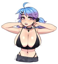 1girls ahoge big_breasts bikini_pull bikini_top blue_hair eyebrows_visible_through_hair female female_only fran_(sait0moriyama) highlights_(coloring) light_blush long_hair looking_at_viewer narrowed_eyes peps_art pink_eyes portrait purple_highlights sharp_teeth solo spiked_collar three-quarter_portrait tongue_piercing twintails upper_teeth very_high_resolution white_background