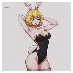 ai_generated armpits arms_up big_breasts big_butt blonde_hair brown_eyes bunny_ears bunny_girl bunny_tail bunnygirl bunnysuit carrot_(one_piece) clothed female female_focus female_only fishnets furry furry_female one_piece prixmal red_lipstick seductive short_hair white_fur