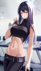 1girls abs absurd_res artist_request belly belly_button blue_archive blue_eyes blue_hair blush breasts clothed clothing female female_only halo innie_belly_button innie_navel midriff navel saori_(blue_archive) sweat sweaty_body