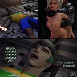 1girls 2boys 3d angela_ziegler asian_male blender boner clothed clothing comic crying gabriel_reyes genji genji_shimada green_hair kazuya_crying_(meme) meme mercy mexican_male netorare ntr nude nude_female nude_female_clothed_male overwatch overwatch_2 phone phone_screen reaper sex snapchat vulpeculy