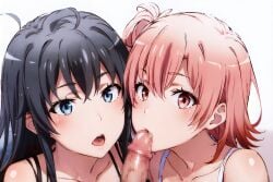 1boy 2girls ai_generated collaborative_fellatio fellatio female hekiten male multiple_girls my_teen_romantic_comedy_snafu urethral_licking yuigahama_yui yukinoshita_yukino