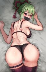 1girls ass ass_focus back back_view backboob bent_over big_ass blush bottomwear bra breasts dat_ass face_mask female foxtaiyo genshin_impact green_hair hair huge_ass kuki_shinobu lace lace-trimmed_bra lace-trimmed_panties lace_trim legwear looking_back panties purple_eyes solo solo_female sweat sweatdrop thick_thighs thighhighs thighs topwear