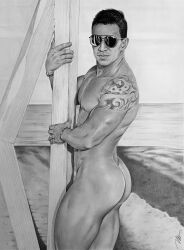 ass biceps black_and_white brad_welch_art butt hector_fallas hispanic hispanic_male latino looking_at_viewer male male_focus male_only muscles muscular muscular_male no_visible_genitalia outdoors outside pencil_(artwork) photographer real_person sketch smooth_skin sunglasses thick_thighs toony uncolored