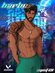 abs arm_tattoo arm_tattoos brown_skin chest chest_tattoo facial_hair full_beard harbor_(valorant) long_hair long_hair_male male_only muscles muscular muscular_male navel nipples pecs scrblenuts v-line valorant varun_batra