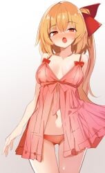 alternate_costume alternate_hair_length alternate_hairstyle arms_at_sides babydoll babydoll_lift bare_arms blonde_hair blush bow breasts breasts_apart collarbone commentary_request commission cowboy_shot eyes_visible_through_hair female flandre_scarlet hair_between_eyes hairbow highres kamukamu_(ars) lifted_by_self long_hair looking_at_viewer medium_breasts navel nose_blush panties partial_commentary photoshop_(medium) pink_babydoll red_bow red_eyes red_panties side_ponytail simple_background solo standing thigh_gap touhou underwear very_long_hair white_background