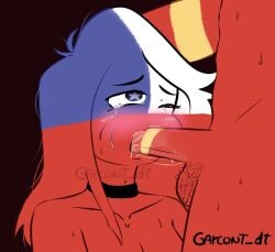 1boy 1girls black_background blue_pupils chile chile_(countryhumans) chilean_flag countryhumans countryhumans_girl cum cum_in_mouth red_body spain spain_(countryhumans) sucking sucking_penis testicles white_eyes