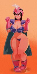 1girls armor big_breasts bikini bikini_armor black_hair blush boots bottom_heavy bra breasts cape chichi chichi's_armor chichi's_helmet cleavage dragon_ball dragon_ball_(classic) embarrassed embarrassing_outfit eyes female female_focus female_only gloves helmet hips legs looking_down mature_female milf orange_background panties pinafore_(artist) posing revealing_clothes skimpy solo solo_female solo_focus thick thick_calves thick_hips thick_legs thick_thighs thighs