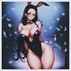 1girls ai_generated animal_ears big_breasts big_butt black_hair blue_eyes bunny_ears bunny_girl bunny_tail bunnysuit cherry_blossoms cleavage clothed cosplay female female_focus female_only hips hourglass_figure light-skinned_female light_skin nico_robin one_piece post-timeskip prixmal red_lipstick solo thick_thighs thigh_gap top_heavy