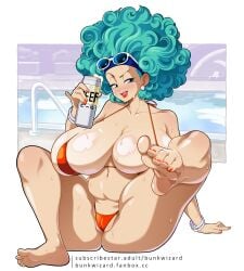 1girls afro barefoot beer bikini blue_hair bulma bulma_(afro) bulma_(dragon_ball) bulma_briefs bunkwizard cleavage curvaceous curvy_body curvy_female curvy_figure dragon_ball dragon_ball_super dragon_ball_z drunk feet female female_focus female_only foot_fetish foot_focus huge_breasts mature_female older_female smile solo