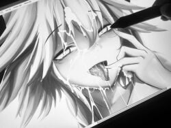 1boy astolfo_(fate) cum cum_in_mouth cum_on_hair cum_on_tongue cumdrip facial fate/apocrypha fate_(series) greyscale housou-kun male_focus monochrome otoko_no_ko photo_(medium) portrait solo tongue tongue_out unfinished