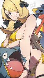 big_breasts bikini blonde_hair blue_eyes cynthia_(pokemon) fur_collar game_freak garchomp gible lhata4564 long_hair nintendo one_eye_covered pokemon pokemon_(species) pokemon_dppt