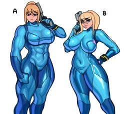 abs alternate_breast_size beauty_mark biceps blonde_hair cameltoe comparison dolecat female female_only fully_clothed gun huge_breasts metroid muscular muscular_female muscular_thighs samus_aran shiny_clothes skintight thick_lips thick_thighs tight_clothing white_background zero_suit zero_suit_samus