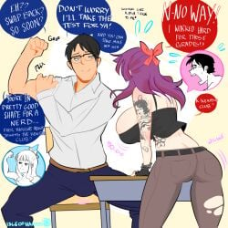 body_swap bulge bulging_penis dialogue flexing flexing_bicep glasses huge_breasts isleofhando midriff nerd overflowing_breasts punk purple_hair ribbon ribbon_in_hair school_uniform skirt tagme tattoos