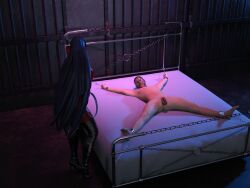 1boy 1girls 3d 3d_(artwork) bed black_boots bofet_boots boots chains clothed_female_nude_male daz3d dominatrix dungeon female femdom flaccid_penis gagged gloves high_heel_boots irelia_xan league_of_legends leather_clothing long_hair male penis red_clothing restrained restrained_arms restrained_legs sex_slave slave thigh_boots whip