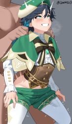 2boys anal black_hair blue_hair braid bulge cape clenched_teeth cute_male dark-skinned_male dark_skin erection erection_under_clothes eyeliner feet_out_of_frame femboy frilled_sleeves frills g1_(artist) genshin_impact grabbing_another's_hair gradient_hair green_cape green_headwear green_shorts grey_background hair_between_eyes heavy_breathing highres jjw1029 makeup male_focus multicolored_hair multiple_boys otoko_no_ko pantyhose pantyhose_under_shorts pulling_hair rolling_eyes sex sex_from_behind short_hair_with_long_locks shorts standing standing_sex teeth thighs torogao trembling twin_braids twitter_username venti_(genshin_impact) white_pantyhose yaoi