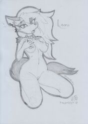 2023 anthro areola bedroom_eyes blush bodily_fluids breasts canid canid_demon canine collar collar_only demon ear_piercing eyebrow_piercing facial_piercing female genital_fluids genitals graphite_(artwork) hellhound helluva_boss innie_pussy kneeling looking_at_viewer loona_(helluva_boss) lunaris_parukia mammal narrowed_eyes navel nipples nude open_mouth piercing pussy pussy_juice seductive solo traditional_media_(artwork)