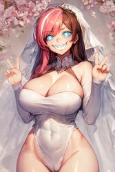 ai_generated blue_eyes breasts brown_hair cleavage curious_cat_(rwby) female glowing_eyes implied_marriage leotard neo_(rwby) pink_hair possessed possession red_laser rwby sharp_teeth smiling solo_female thick_thighs two_tone_hair wedding_dress wedding_veil