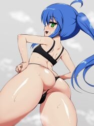 1girls :3 :3d ass blue_hair c-low female female_only green_eyes human konata_izumi looking_at_viewer looking_back lucky_star petite ponytail solo steam steaming_body sweat sweating_profusely true_flat_chest viewed_from_below