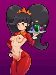 1girls :< aged_up ashley_(warioware) black_hair blush female gradient_background hi_res looking_at_viewer mario_(series) mob_face navel nintendo pasties potion reverse_bunnysuit reverse_outfit sleepiitreat small_breasts tagme twintails warioware