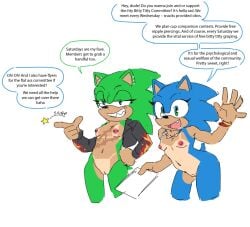 2girls anthro archie_comics arrow_hearted breasts casual dialogue facial_piercing female furry gender_transformation genderswap_(mtf) jacket nude nude_female outerwear rule_63 scar scourge_the_hedgehog sharp_teeth small_breasts sonic_(series) sonic_the_hedgehog sonique_the_hedgehog sunglasses tan_body tongue_piercing wristwear