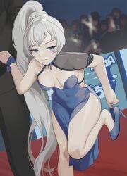 100wang dress heels lancer_(rwby) long_hair ponytail rwby scar_across_eye solo wangxiii weiss_schnee white_hair